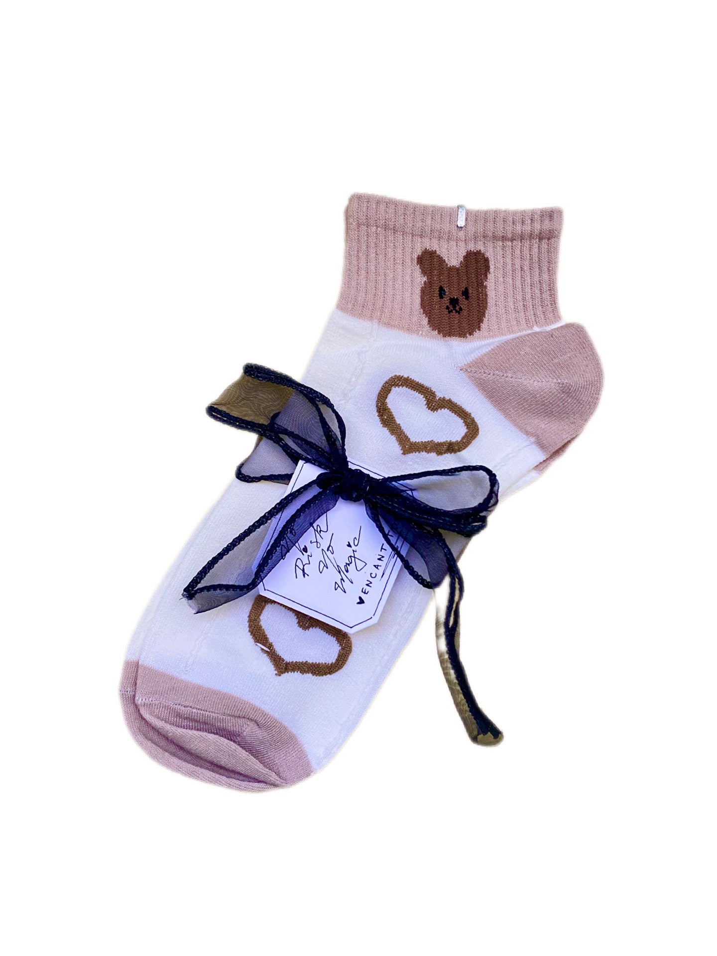 Calcetines Osito Corazones - Blanco y Café