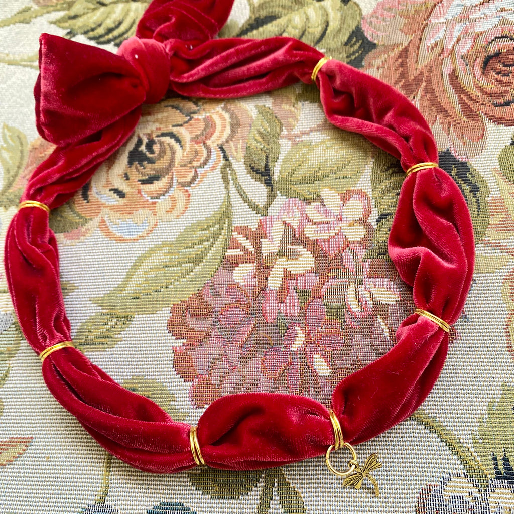 Collar Grueso Terciopelo Libélula Rojo